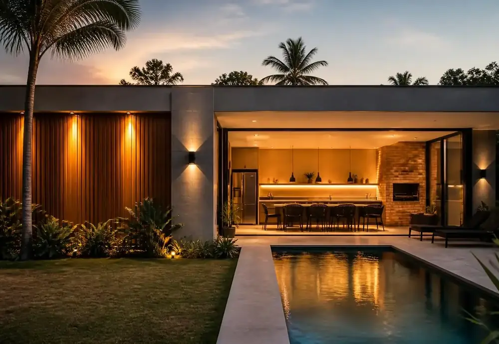 Casa moderna térrea com área gourmet integrada e piscina ao entardecer