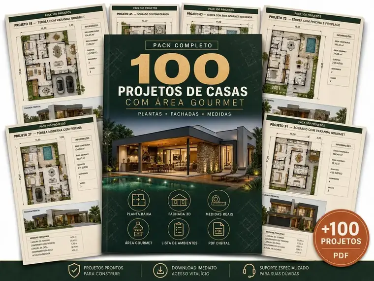 Pack 100 Projetos de Casas com Área Gourmet: capa e folhas A4 com plantas e fachadas