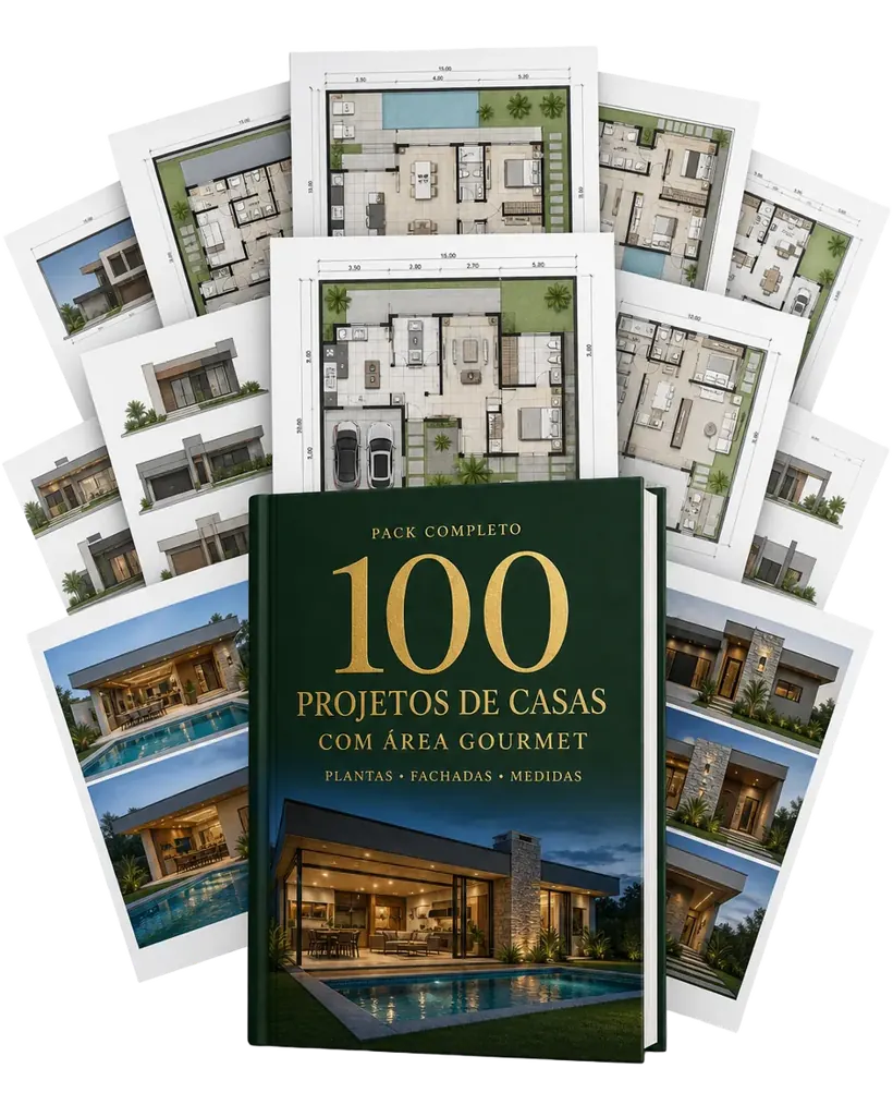 Capa do Pack 100 Projetos de Casas com Área Gourmet e folhas A4 com plantas, fachadas e medidas
