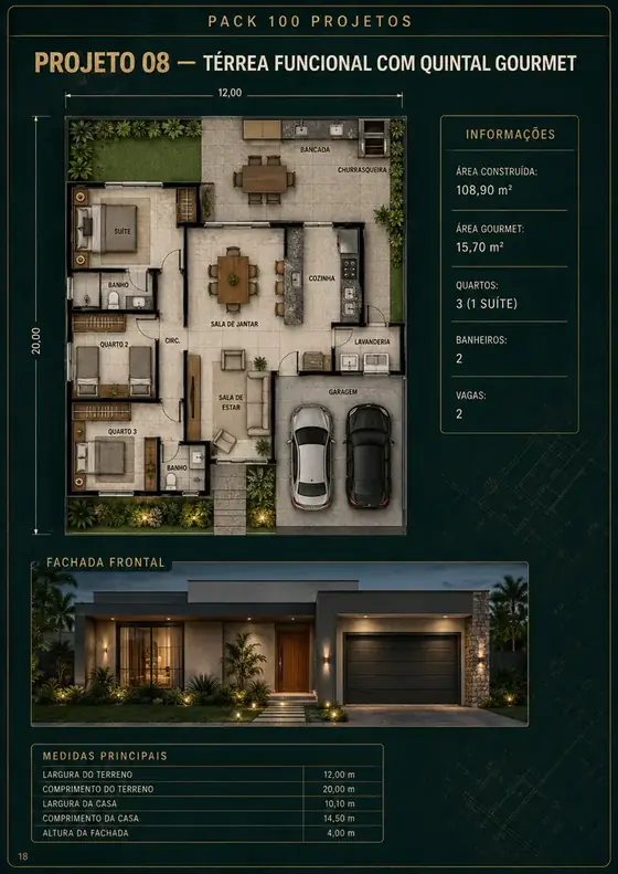 Página de projeto do pack com planta baixa e medidas